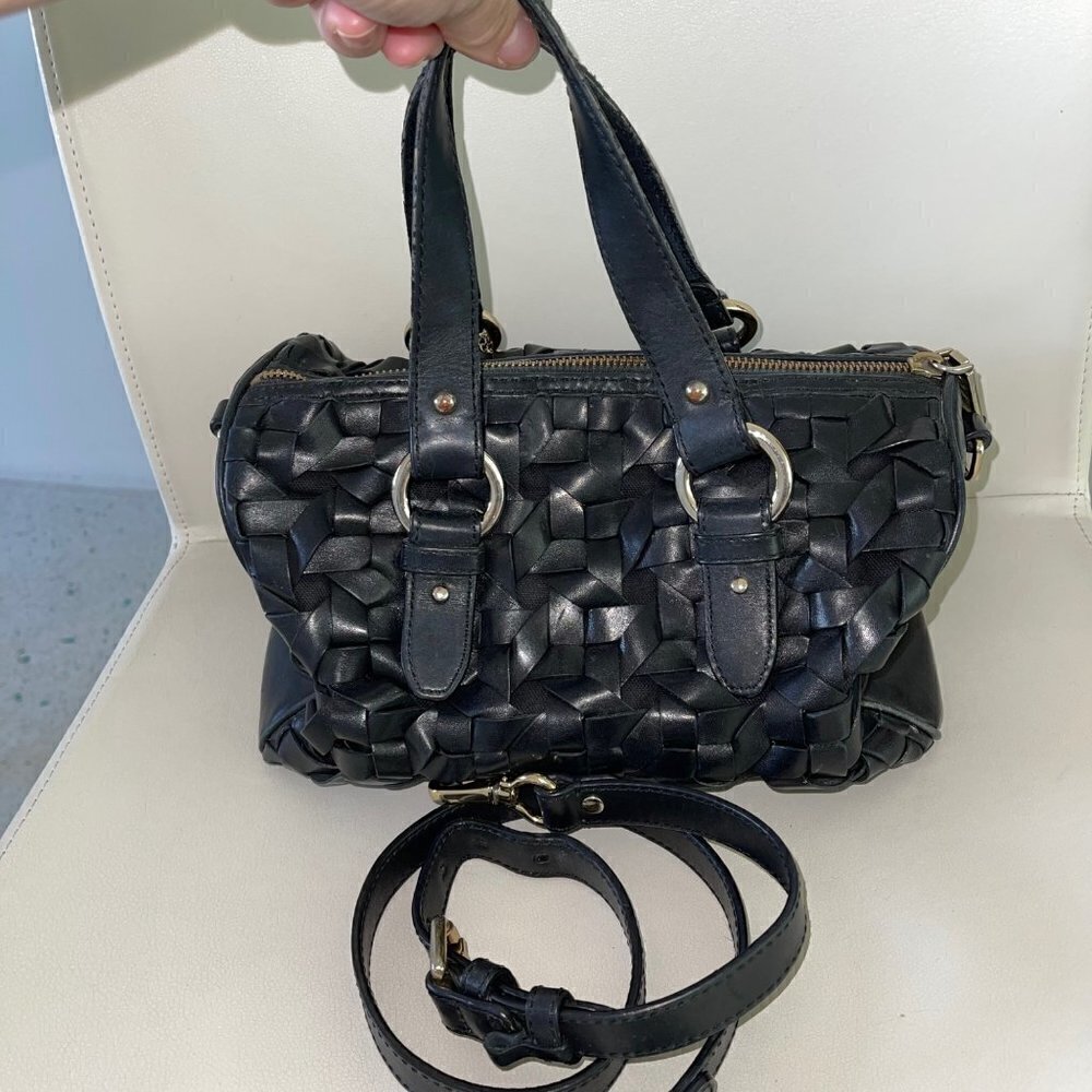 Cole Haan Leather Handbag Womens Woven Barrel Satchel Detachable Strap Black - Picture 13 of 16